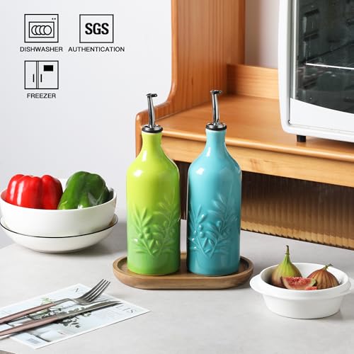 Sweejar Ceramic Olive Oil Dispenser Bottle (Gradient Blue Gradient Green / 20 oz, Set of 2)