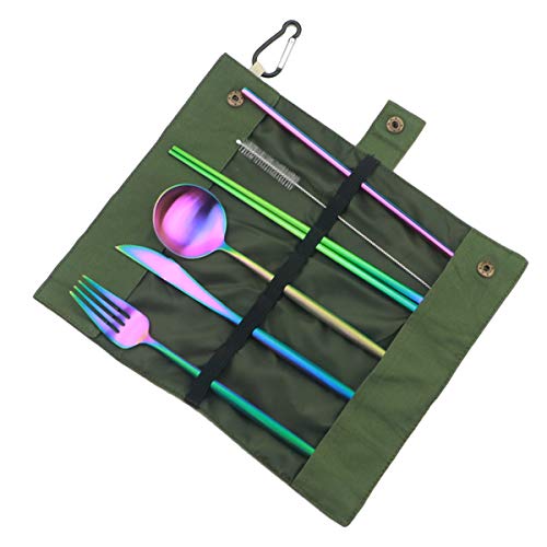 Reusable Travel Utensils (Green Pouch / Rainbow-C)