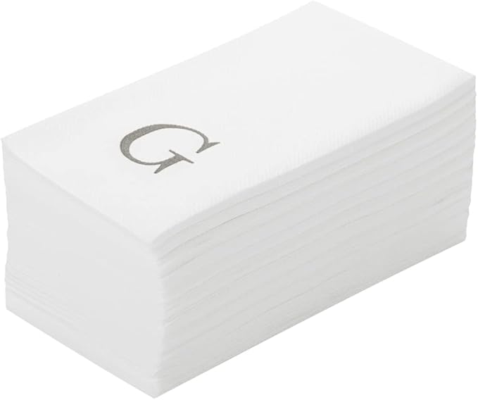 Luxenap 15.8 X 7.9 Inch Linen-Feel Guest Towels, 50 Lettered Hand Towels - Silver Letter 'G', Sans Serif Font, White Paper Dinner Napkins, airlaid, For Restrooms And Tables - Restaurantware