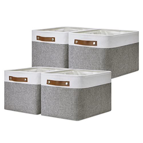 4 Pack Large Fabric Baskets for Storage 15"x11"x9.5" Storage Bins for Organizing Linen Closet Baskets with Handles (White&Grey / L-15"x11"x9.5")
