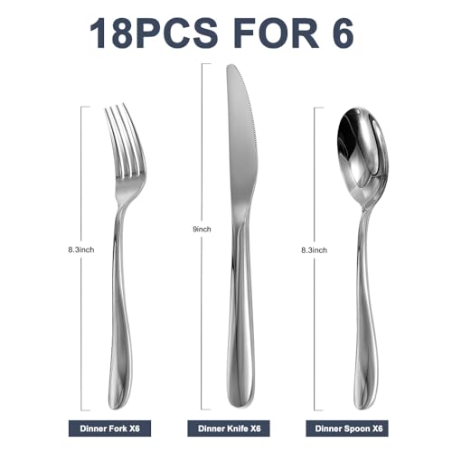 Stainless Steel 18PCS Dinner Set combo with 6 Dinner Knives (7.3''-9.1''Silverware set for 6)