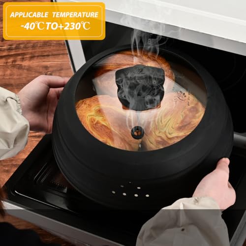 Tall Microwave Splatter Cover Glass Cover Guard Lid 7 inch Height with Collapsible Silicone for Food Pot Plate 10.8 inch Black (10.8 inch / Black (Taller style))
