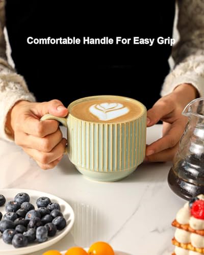 Ceramic Coffee Mugs Set of 4 with Rack (Green Earth / 15 Ounces)