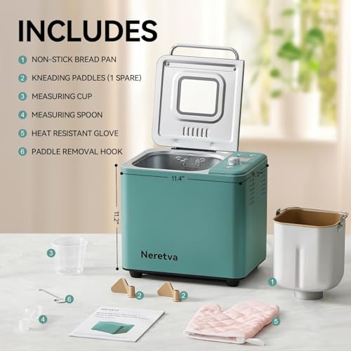 20-in-1 2LB Bread Maker Metal Bread Machine with Dual Heater, Green (Green)