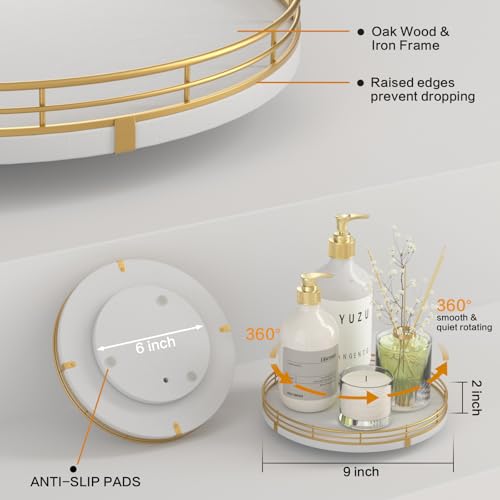 9 Inch Wooden Lazy Susan Spice Organizer for Cabinet (White & Gold / 9)
