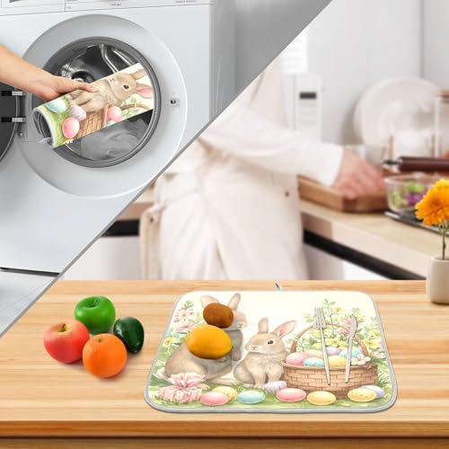 Cute Easter Bunny Rabbit Eggs Dish Drying Mat for Kitchen Counter Absorbent Microfiber Small Drying Pad Dish Mats for Kitchen Countertops 16 x 18 Inch (18" x 16")