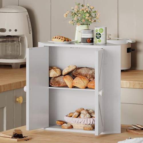 Corner Bread Box for Kitchen Counter Double Layer Bamboo Bread Storage Container Large Capacity Bread Storage Bin Farmhouse Breadbox Organizer (White)