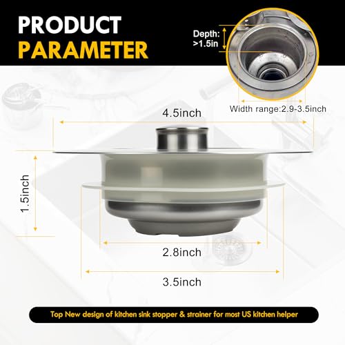 5-in-1 Stainless Steel Sink Aid, Kitchen Sink Drain Strainer Food Catcher, Popup Kitchen Sink Stopper & Odor Filter, Kitchen Sink Strainer Accessories with Drain Basket (Classic Brushed) (Classic Brushed)