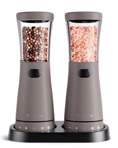 Electric Salt and Pepper Grinder Set with Storage Base (Light Gray)