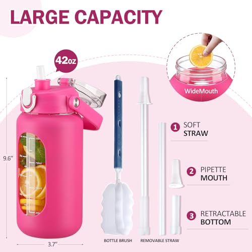 42oz Glass Water Bottles with Straw (Rose red / 42 Ounces)