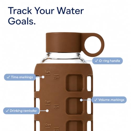 40oz / 32oz / 22oz / 12oz Borosilicate Glass Water Bottle with Time & Volume Markers, Silicone Sleeve, Stainless Steel Lid – Reusable Glass Bottle for Water & Juice (32oz Earth Brown) (Earth Brown / 32 Ounces)