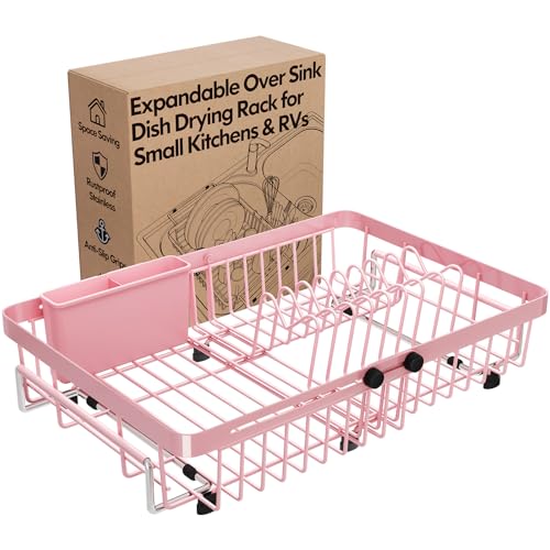 Pink Expandable Dish Drying Rack Over The Sink with Anti Slip Grip (Pink / For 13-30" W Sink)