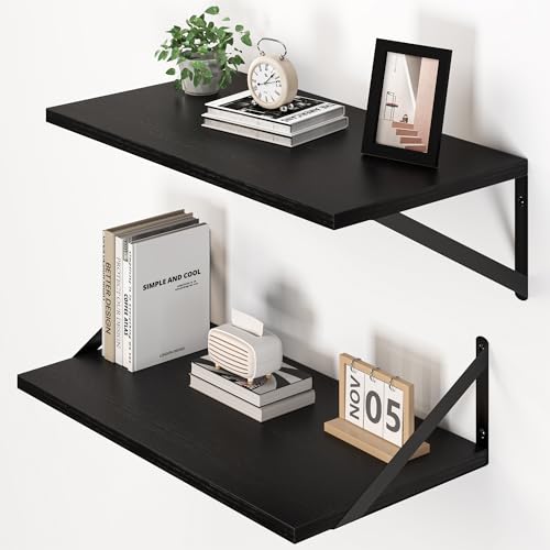 20W x 12D Deep Floating Shelves Set of 2 Black (Black With Black Metal Bracket / 20Wx12Dx5.8H)