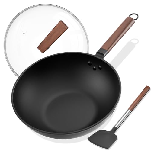 13 Inch Wok with Glass Lid & Silicone Spatula