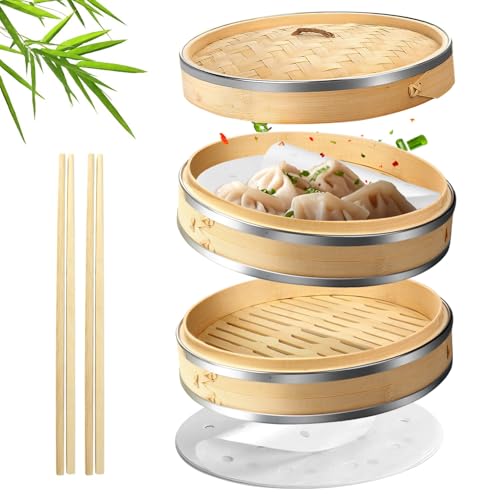 10 Inch Bamboo Steamer Basket Set with Stainless Steel Banding