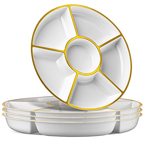 6 Sectional Round Plastic Serving Tray (White & Gold)