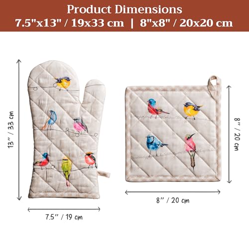 100% Cotton Oven Mitt & Pot Holder Set (003 - Birdies on Wire / 7.5" x 13" & 8" x 8" (Oven Mitt & Pot Holder))