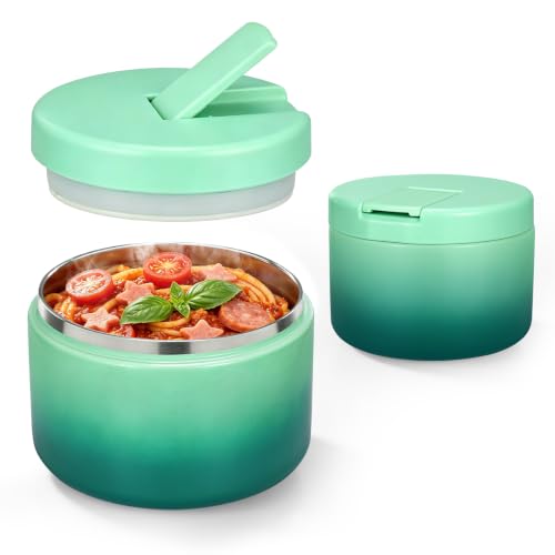 12oz Insulated Vacuum Food Jar with Buckle Lid Wide Mouth Soup Thermo for Hot Food Kids Leakproof Stainless Steel Lunch Container (Gradient Green / 12OZ)