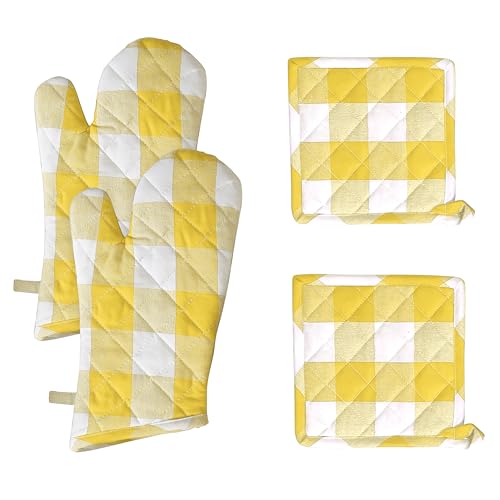 Buffalo Plaid Check Oven Mitts and Pot Holders Set of 4 (Buffalo, Lemon Yellow)