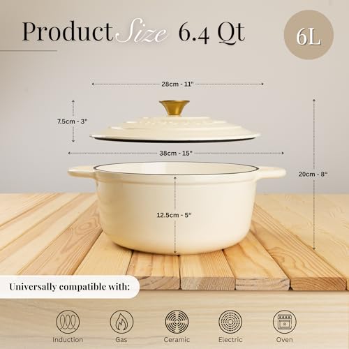 Enamelled Cast Iron Dutch Oven Pot with Lid (Cream / 6.4-Quart - Deep)