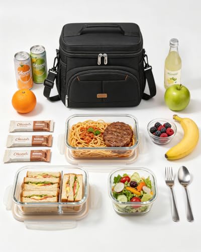 Lunch Box for Men Women Insulated Lunch Tote Cooler Bag Lunchbox (Black / Large)