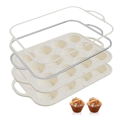 2 Packs 12 Cups Silicone Muffin Pan for Baking with Metal Reinforced Frame Regular Size Cupcake Pan Tray Chocolate Egg Pizza Bites Oven Top Cookie Molds Muffin Tin Tart Pans Sheet Set Bakeware Liner (Regular / Cream)