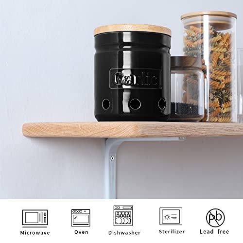 Ceramic Garlic Keeper with Wooden Lid (Black)