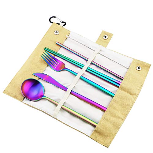 Reusable Travel Utensils (Khaki Pouch / Rainbow-C)