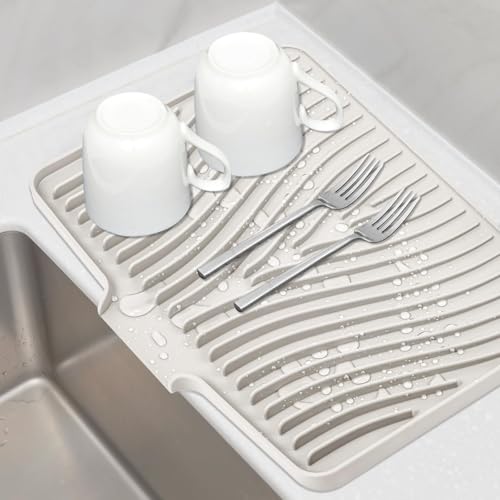 Silicone Dish Drying Mat for Kitchen Counter (Beige-1pc / 20" x 15")