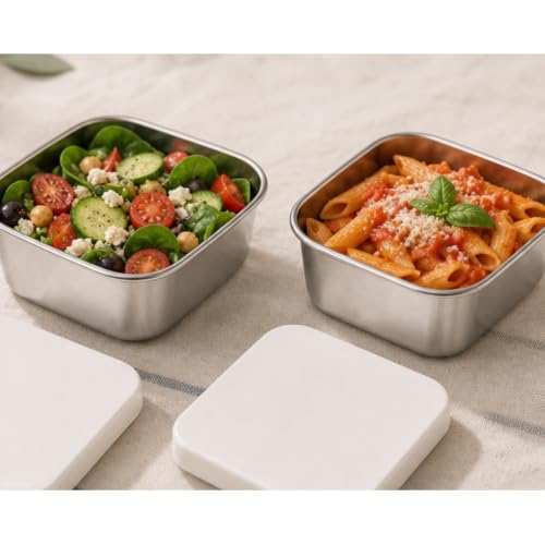 Flexibento Stainless Steel Snack Container Set with Silicone Lids (A-Vanilla Set of Two: 2*14 OZ)