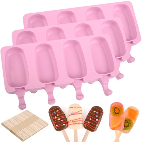 3 Pack Large Silicone Popsicle Molds with 150 Pcs Wooden Sticks (3 Pcs Large - Pink)