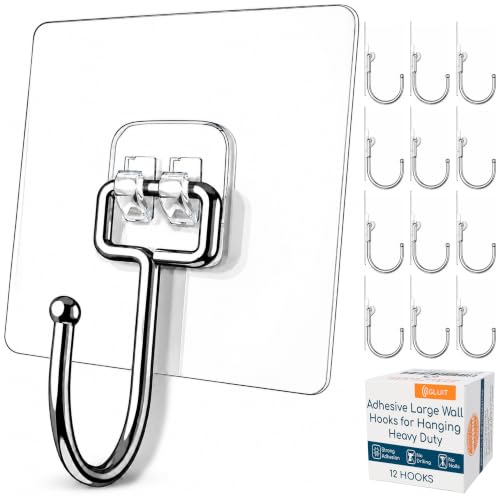 Adhesive Large Wall Hooks for Hanging Heavy Duty No Drill (Large, 12 pcs)