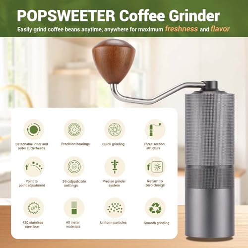 Popsweet C38 Manual Coffee Grinder With Detachable Stainless Steel Tapered Outer Burrs (Silver)