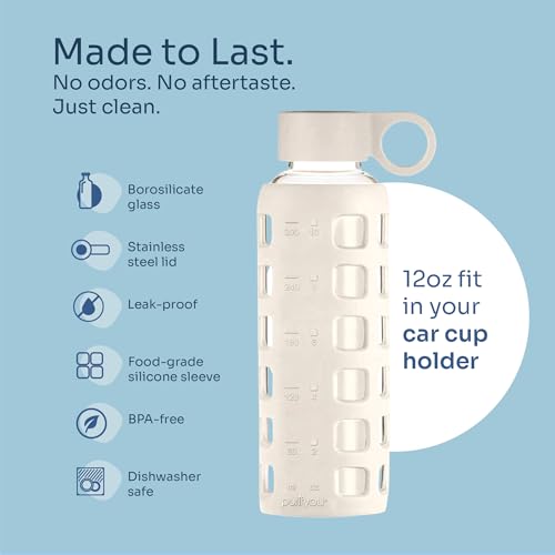 40oz / 32oz / 22oz / 12oz Borosilicate Glass Water Bottle with Time & Volume Markers, Silicone Sleeve, Stainless Steel Lid | Reusable Glass Bottle for Water & Juice (12oz Pearled Ivory) (Pearled Ivory (1 Count) / 12 Ounces)
