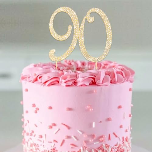 Gold 90th Birthday Cake Topper Rhinestones Cake Decorations for 90th Birthday Party (90th- Gold)