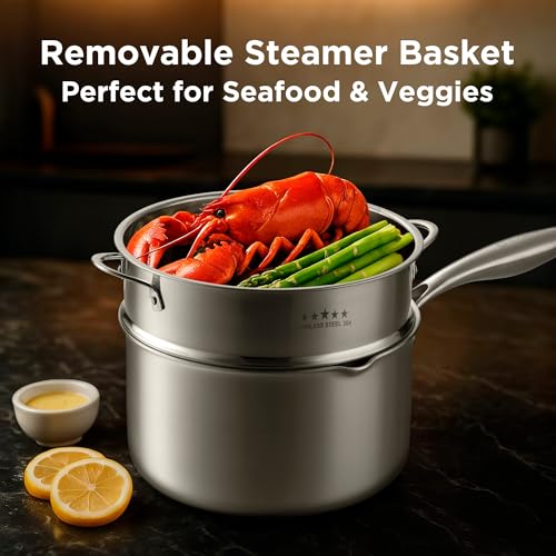 Tri Ply Stainless Steel Sauce Pan with Steamer Basket & Straining Glass Lid (2.5 QT)