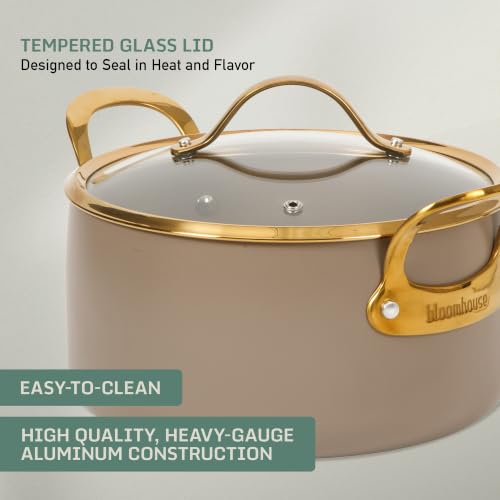 15 Piece Ceramic Nonstick Cookware Set (Cappuccino Cream w/ Gold Handle / 15-Piece Cookware Set)