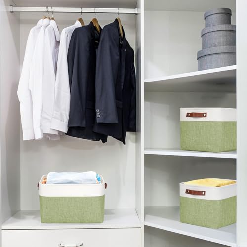 Storage Bins Large Fabric Storage Baskets for Shelves 3 Pack (Green / Off-White / Large -15"x11"x9.5")
