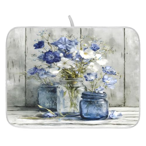 Vintage Blue White Flower Jars3 Dish Drying Mat for Kitchen Counter Absorbent Microfiber Small Drying Pad Dish mats for Kitchen Countertops 16 x 18 Inch (Vintage Flower Jars / 18" x 16")
