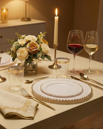 180Pcs White and Gold Dinnerware Set (White and Gold Plastic Dinnerware Set / 180PCS)