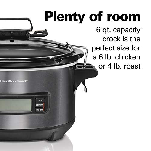Portable 6 Quart Set & Forget Programmable Slow Cooker (Temp Tracker, Black Stainless)