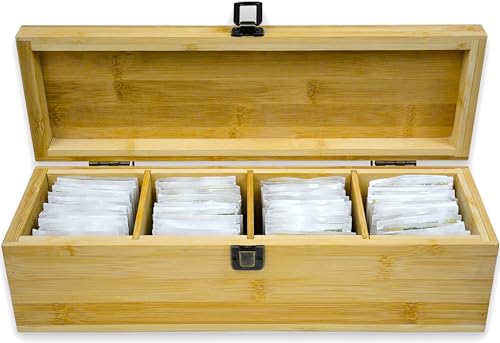 Bamboo Tea Organizer Box Chemical Free Eco (4-Slot Across / Tea Leaf Stamp)