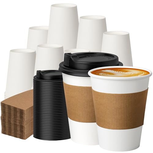 100 Pack 12 oz Disposable Coffee Cups with Lids and Sleeves (White / 12 oz)