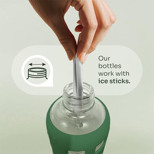 40oz / 32oz / 22oz / 12oz Borosilicate Glass Water Bottle with Time & Volume Markers, Silicone Sleeve, Stainless Steel Lid | Reusable Glass Bottle for Water & Juice (12oz Shale Green) (Shale Green (1 Count) / 12 Ounces)
