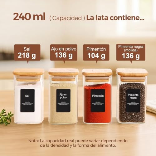 Square Glass Spice Jars with Labels 8 oz 6 Pack with Bamboo Lids (6 Count)