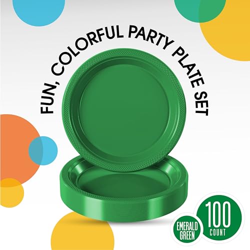 Emerald Green Plastic Plates For Party 7" Emerald Green Disposable Plates For Party Supplies 100 Pcs Plastic Dinnerware Sets Heavy Duty 350 GSM Disposable Dinnerware Set (7 inch / Emerald Green)