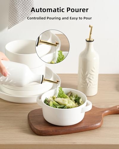 Sweejar Ceramic Olive Oil Dispenser Bottle 20 Oz Relief Opaque Oil Cruet Protects To Reduce Oxidation Suitable for Storage Vinegar (White / 20 oz (Gold Spout), Set of 1)