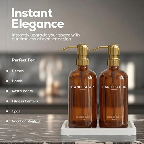 Luxury Glass Soap and Lotion Dispenser Set with Tray by Brighter Barns (Amber/Gold Sl)