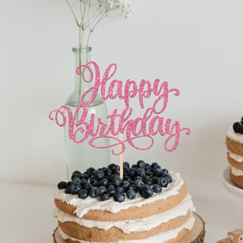 1 PCS Happy Birthday Cake Topper Glitter Happy Birthday Cake Pick for Celebrating Happy Birthday Anniversary Party Cake Decorations Supplies Pink