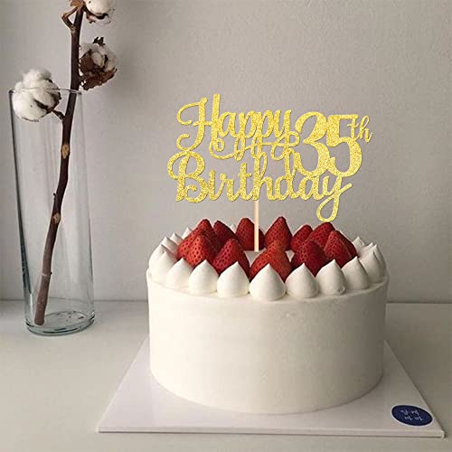 1 PCS Happy 35th Birthday Cake Topper Gold Glitter Cheers to 35 Years Birthday Cake Pick 35 Fabulous Cake Decoration for Happy 35th Birthday Theme Party Decorations Supplies (Gold / 35th)